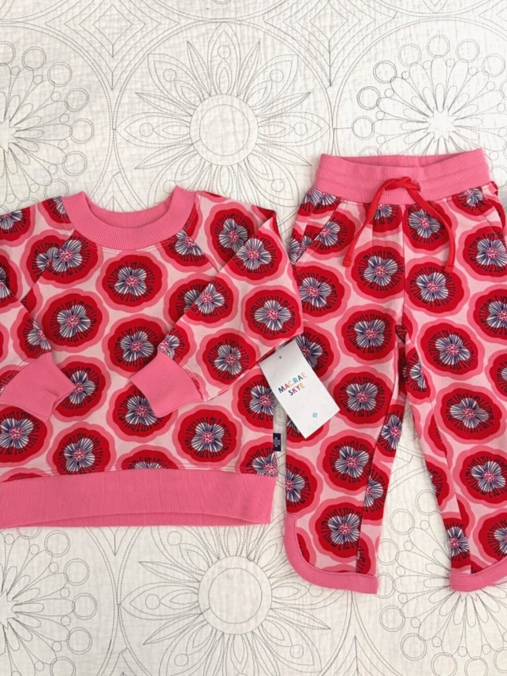 MACRAE SKYE Floral French Terry Set sz. 2 Red Poppy Print Sweatshirt & Joggers